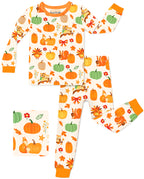 Pumpkin Patch long-sleeve top and matching pants with orange trim, laid flat on white.