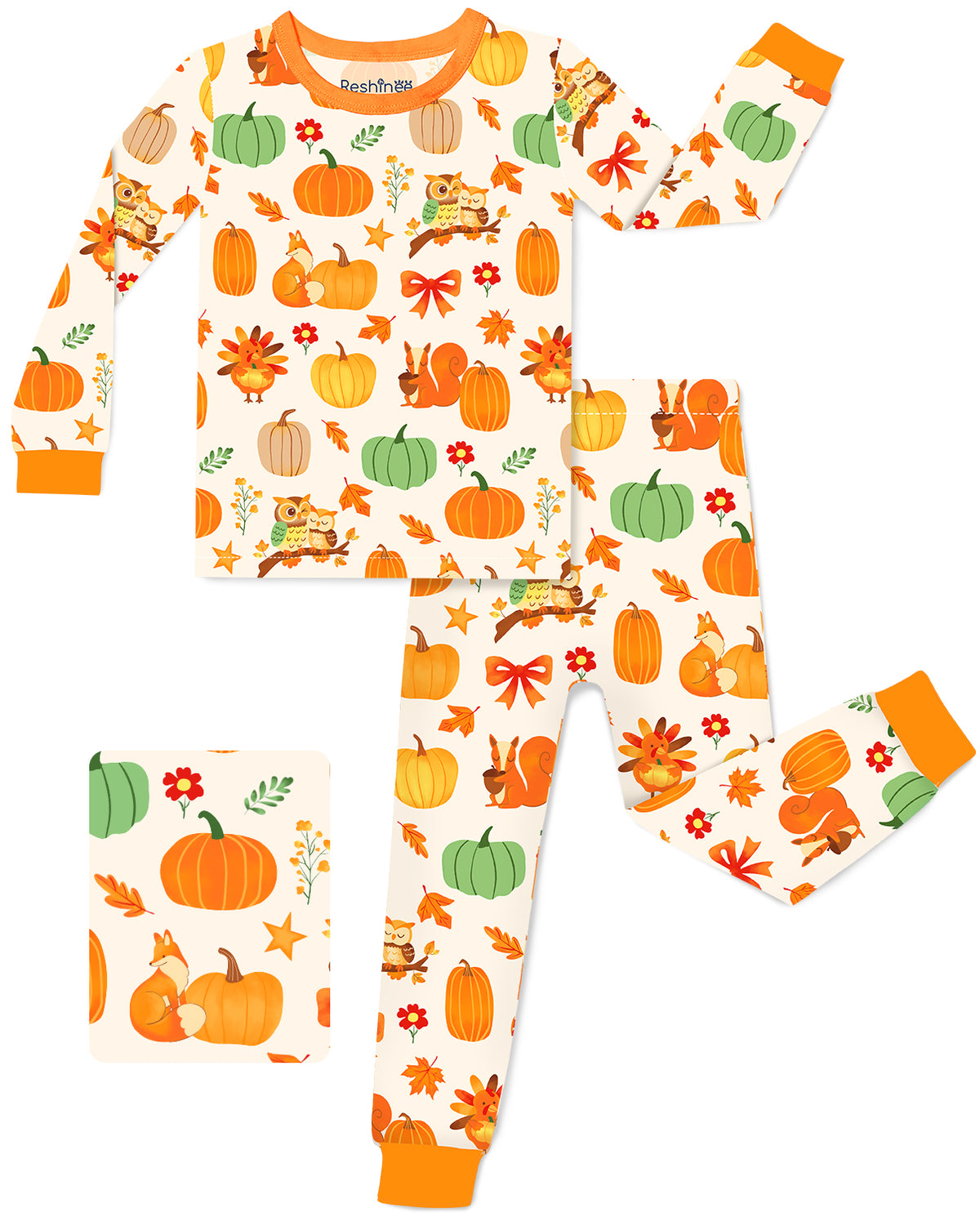 Pumpkin Patch long-sleeve top and matching pants with orange trim, laid flat on white.