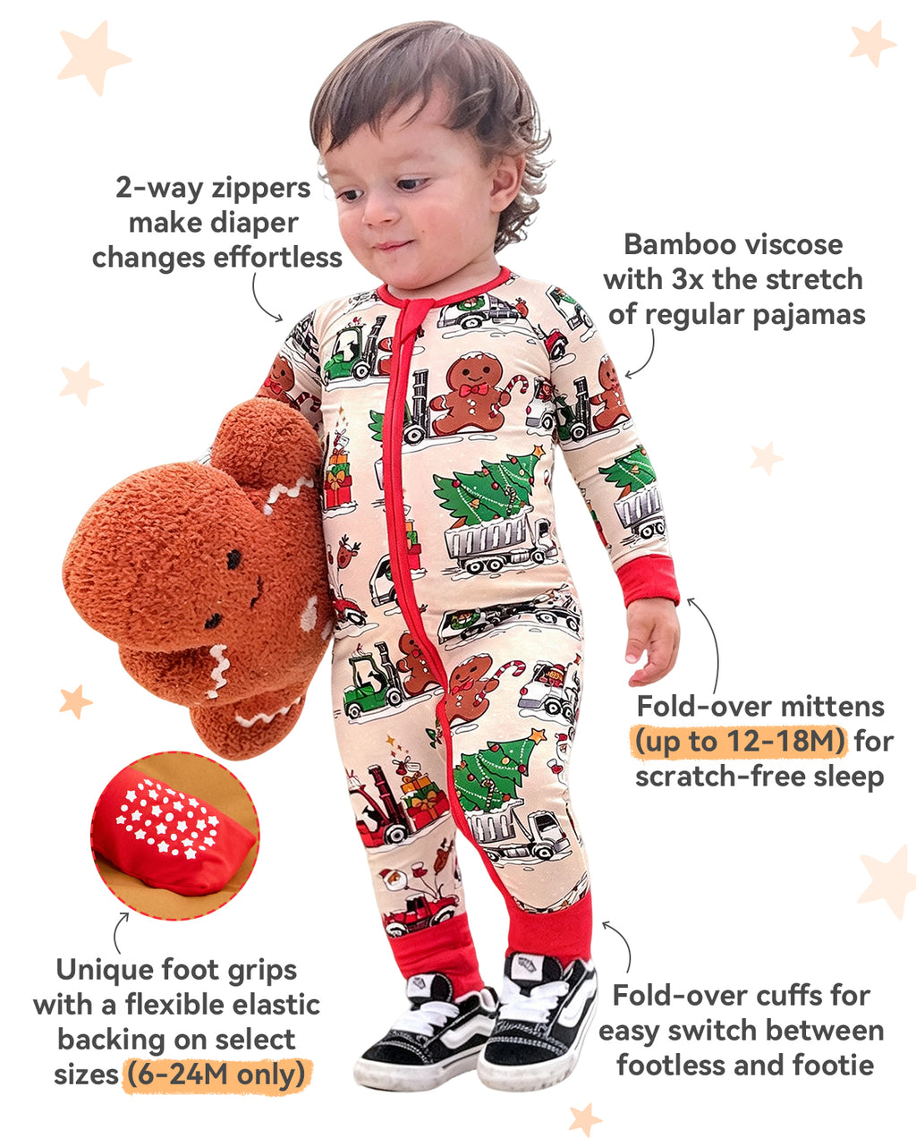 Santa Express zippy product information graphic showing the red zipper, sleeves, and foot cuffs