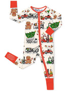 Santa Express cream zippy with holiday trucks, gingerbread characters, and red trim on a white background