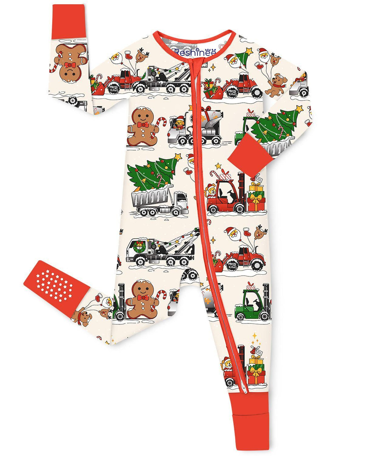Santa Express cream zippy with holiday trucks, gingerbread characters, and red trim on a white background