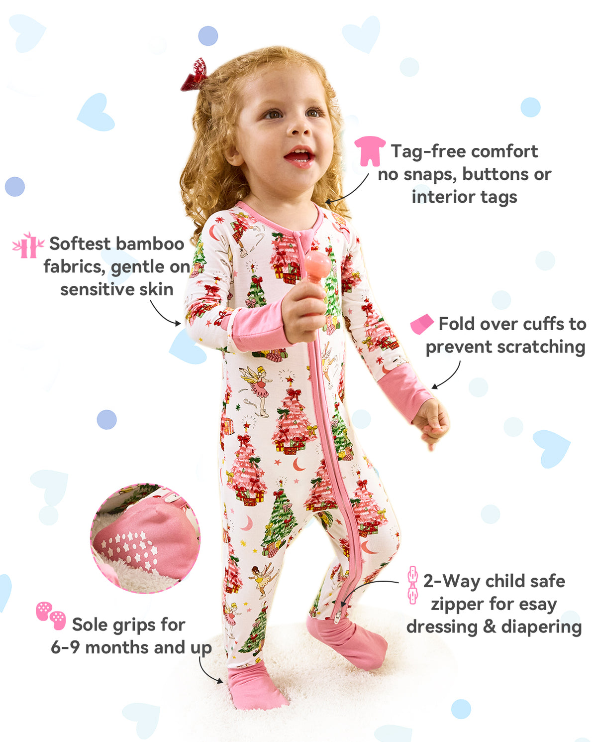 Snuggle Sparkle product information graphic with zipper, cuff and sole-grip detail insets.