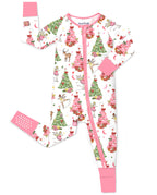 White Snuggle Sparkle zip-up romper with pink trim laid flat on white.