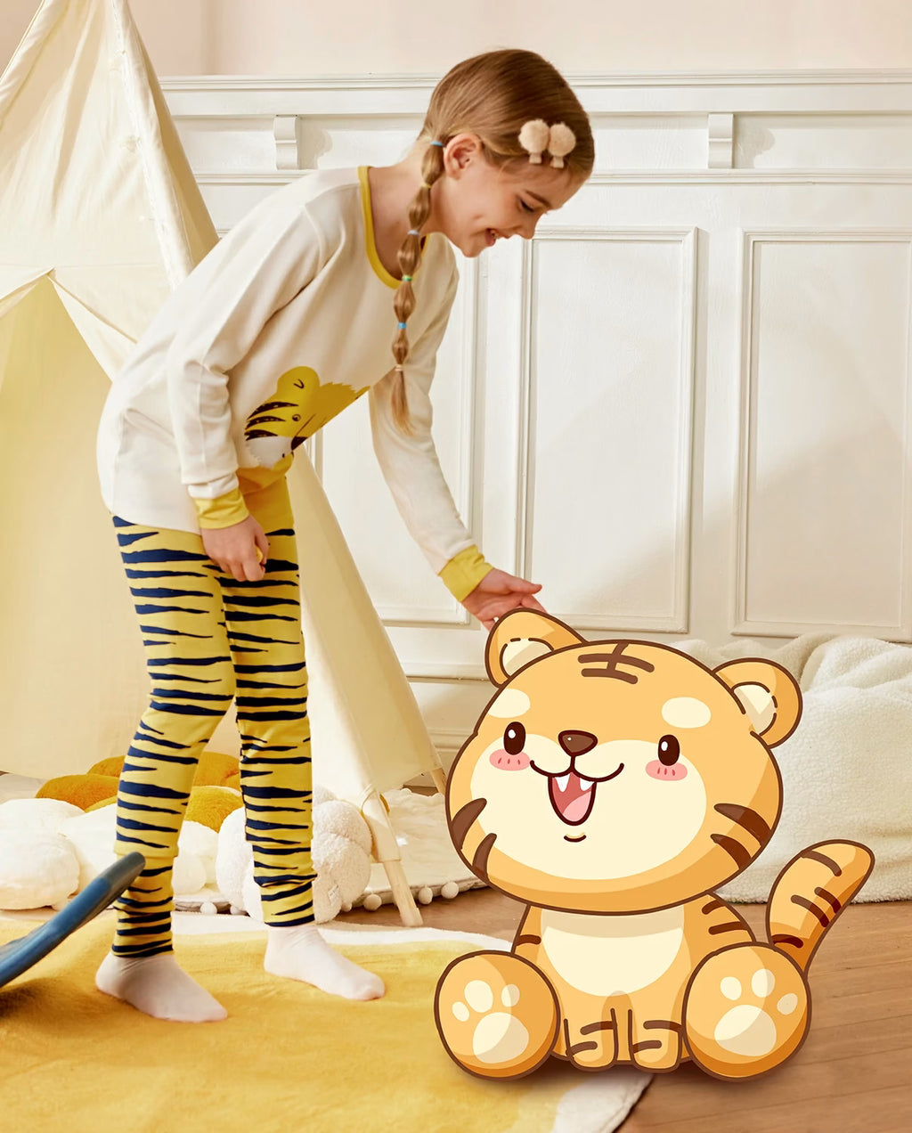 Tiger Long Two-Piece Pajama Set, tiger yellow two piece pajama set 01 lifestyle playroom plush