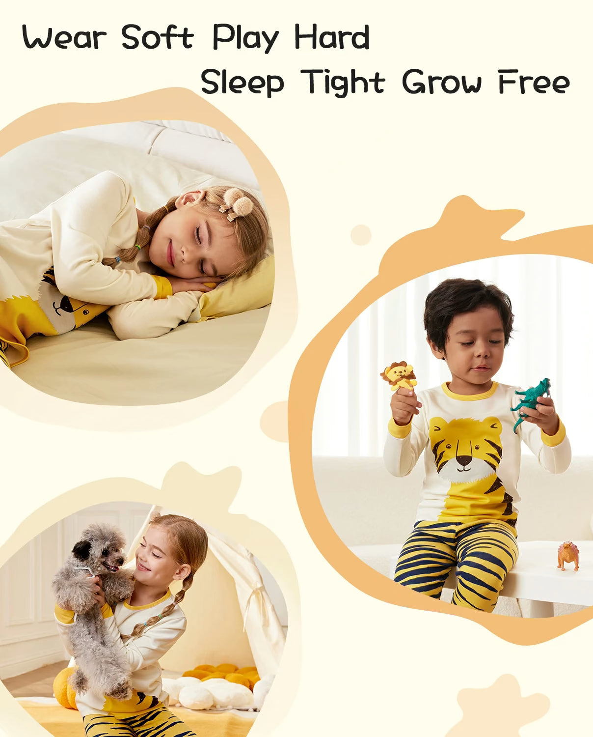 Tiger Long Two-Piece Pajama Set, tiger yellow two piece pajama set 02 features infographic lifestyle collage