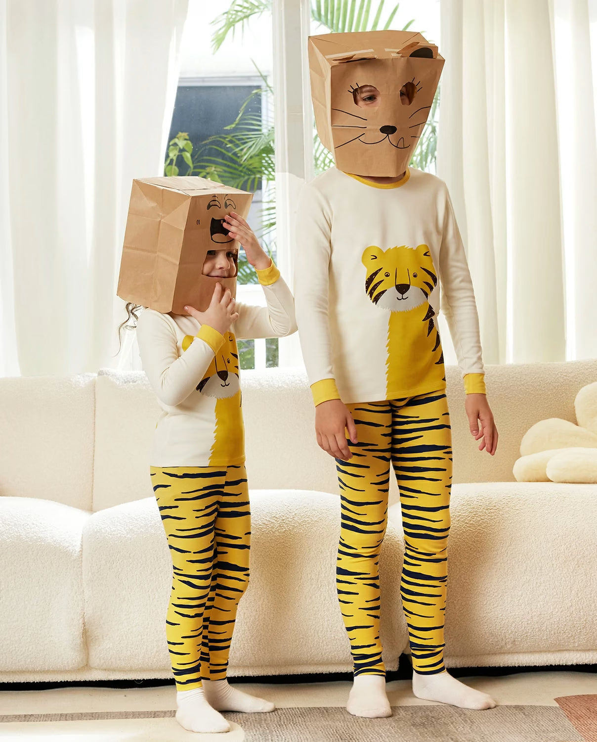 Tiger Long Two-Piece Pajama Set, tiger yellow two piece pajama set 03 lifestyle siblings play costume