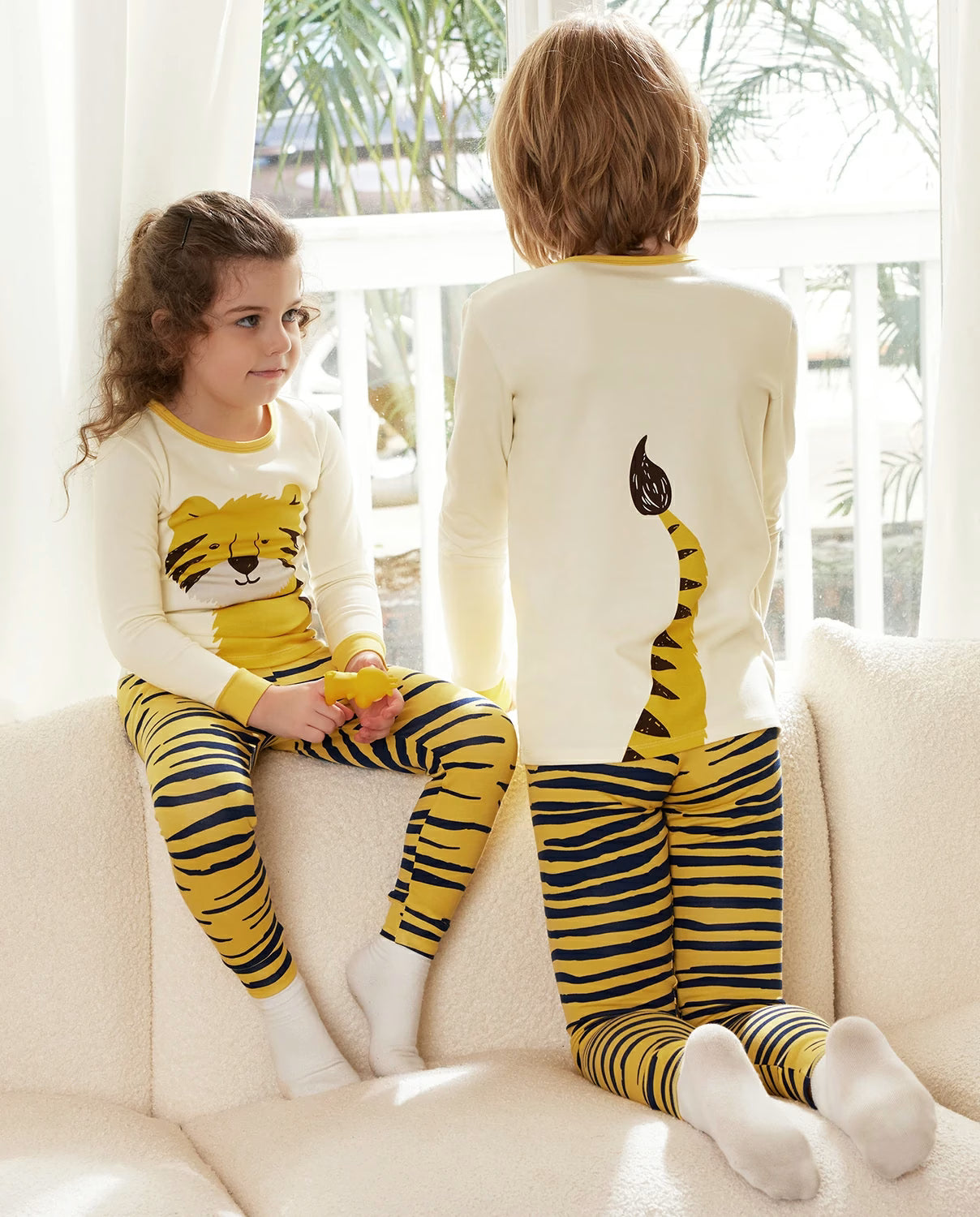Tiger Long Two-Piece Pajama Set, tiger yellow two piece pajama set 04 lifestyle front back view