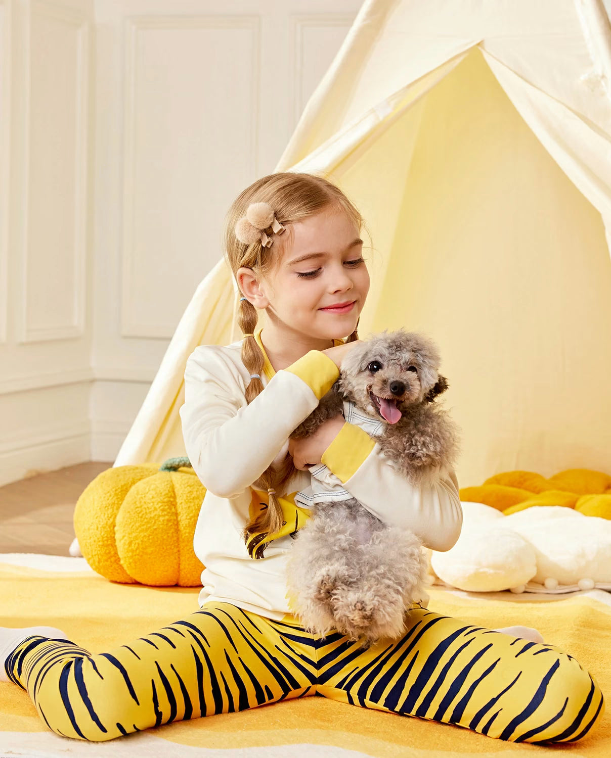 Tiger Long Two-Piece Pajama Set, tiger yellow two piece pajama set 05 lifestyle hugging puppy
