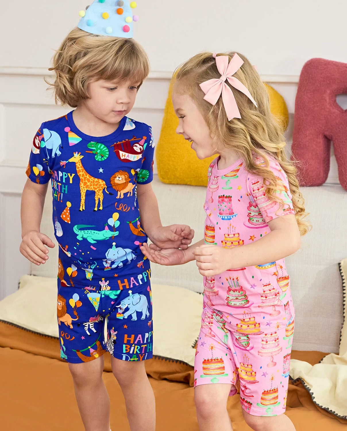 Birthday Safari Short Two-Piece Pajama Set, birthday safari bamboo short two piece pjs lifestyle 01