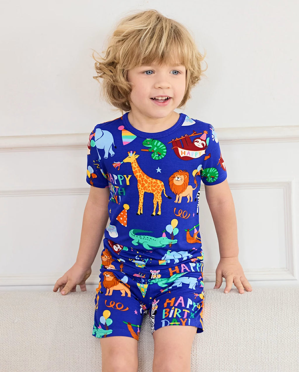 Birthday Safari Short Two-Piece Pajama Set, birthday safari bamboo short two piece pjs lifestyle 10
