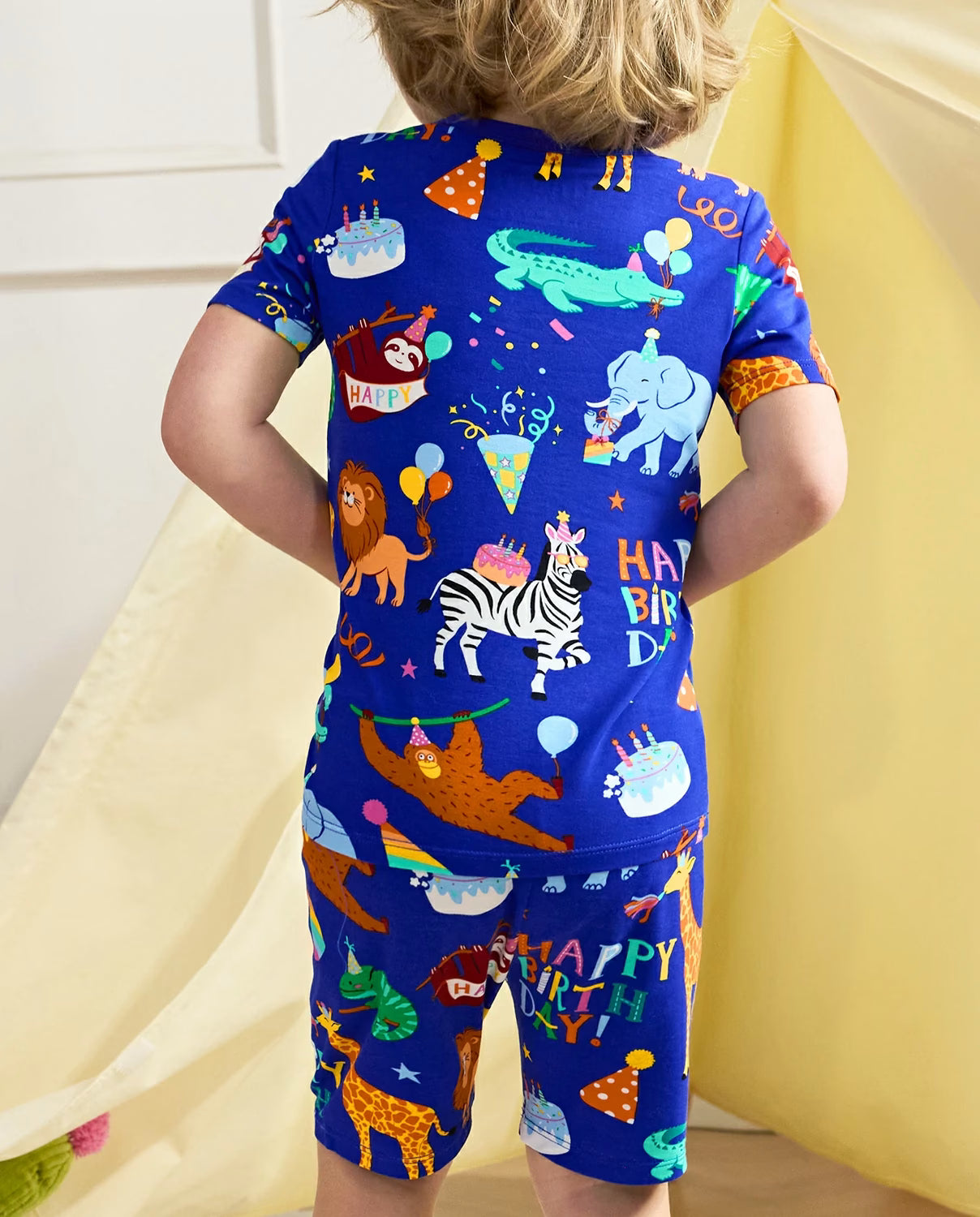 Birthday Safari Short Two-Piece Pajama Set, birthday safari bamboo short two piece pjs lifestyle 12
