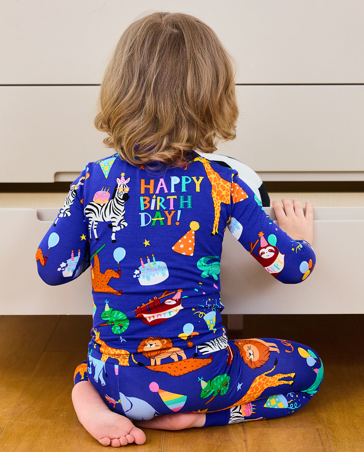 Back view of Birthday Safari pajamas with Happy Birthday lettering