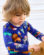 Close view of a child wearing Birthday Safari party-animal pajamas