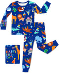 Birthday Safari long-sleeve pajama top and pants shown flat on a white background