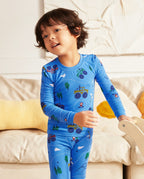 AzureCar Tracks Long Two-Piece Pajama Set, blue car bamboo two piece pjs lifestyle 1