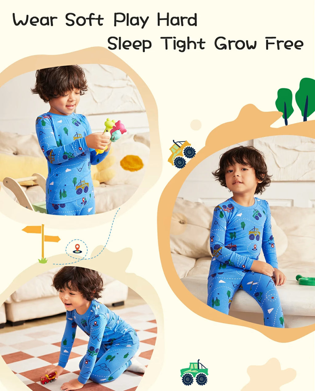 AzureCar Tracks Long Two-Piece Pajama Set, blue car bamboo two piece pjs lifestyle 2