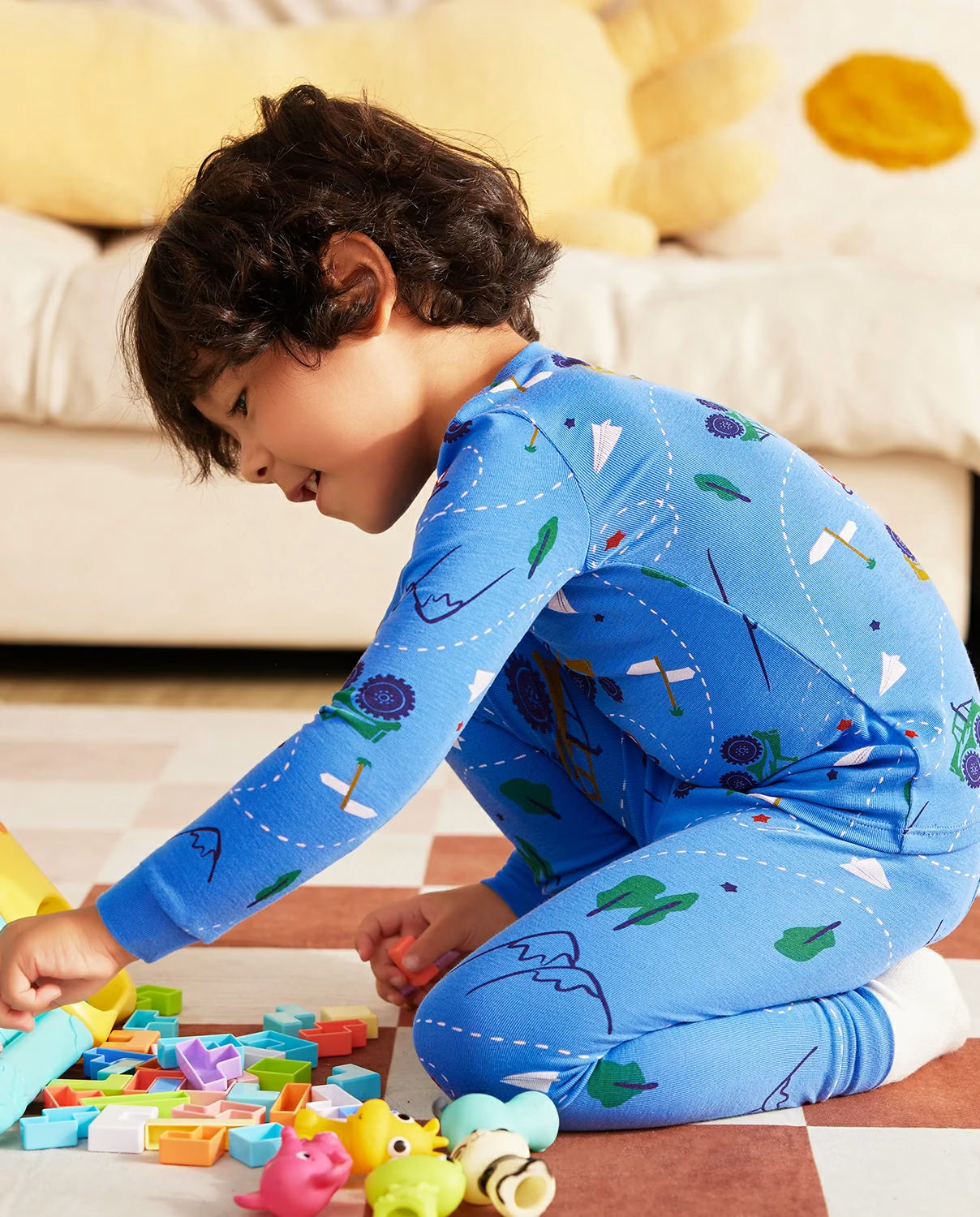 AzureCar Tracks Long Two-Piece Pajama Set, blue car bamboo two piece pjs lifestyle 3