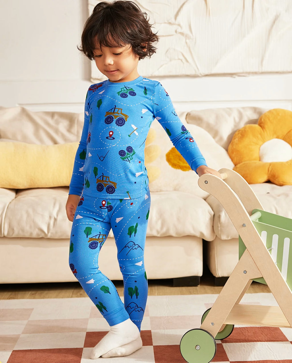 AzureCar Tracks Long Two-Piece Pajama Set, blue car bamboo two piece pjs lifestyle 4
