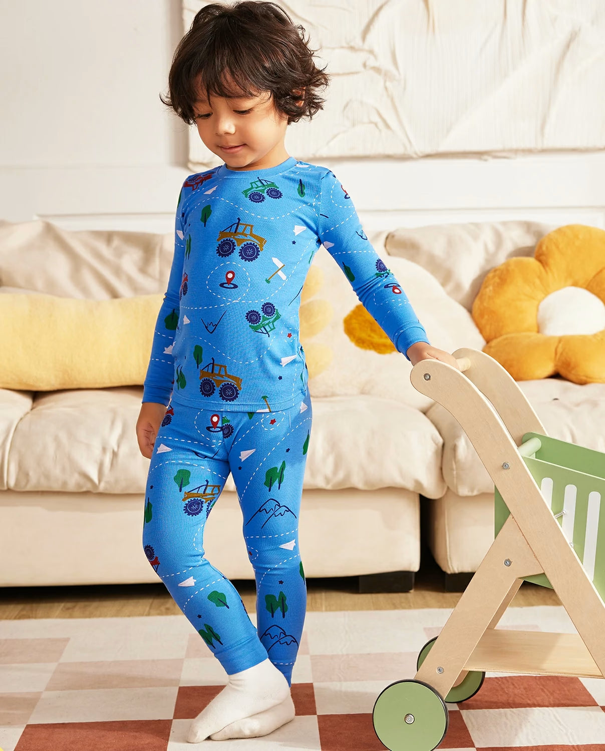 AzureCar Tracks Long Two-Piece Pajama Set, blue car bamboo two piece pjs lifestyle 4