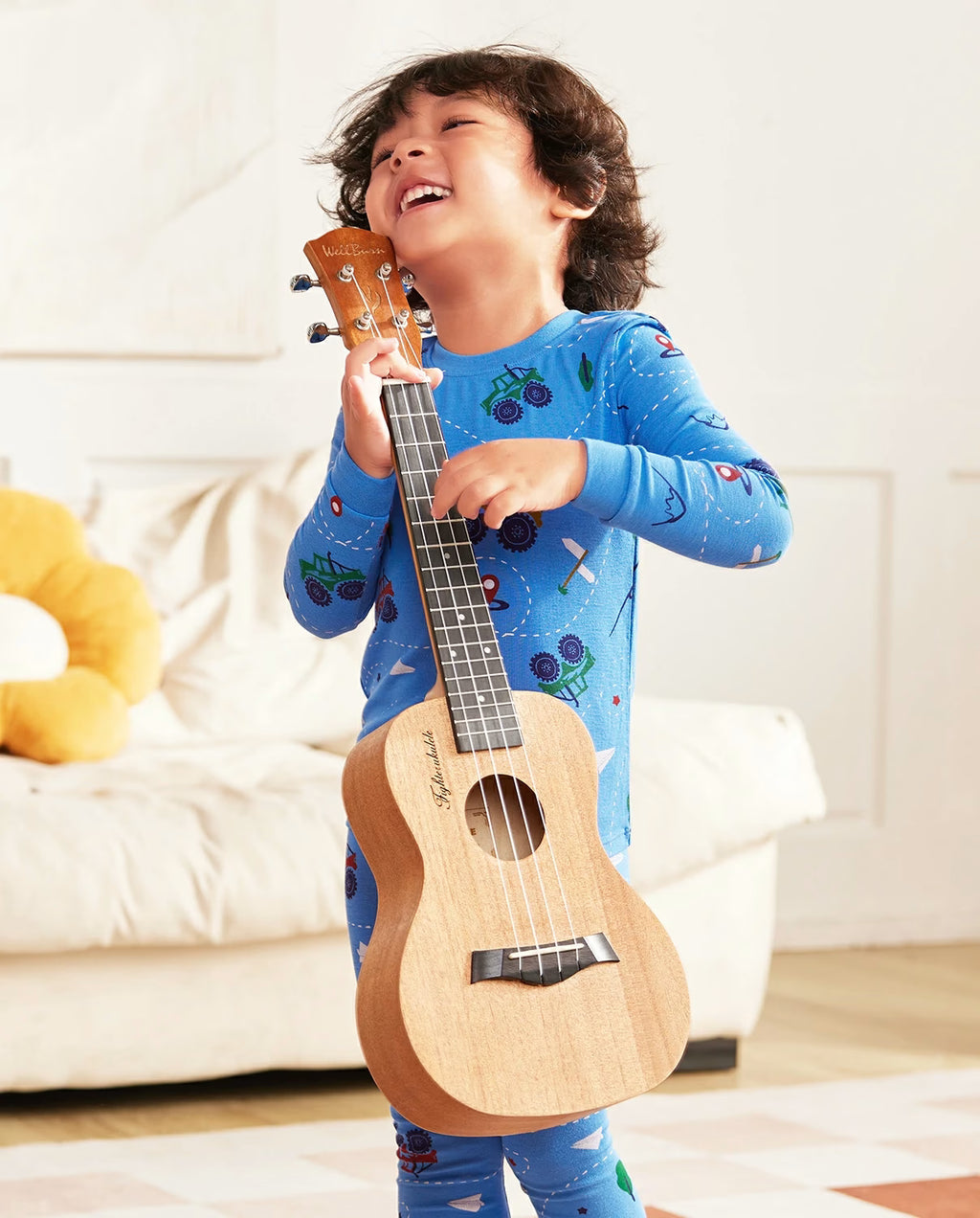 AzureCar Tracks Long Two-Piece Pajama Set, blue car bamboo two piece pjs lifestyle 5