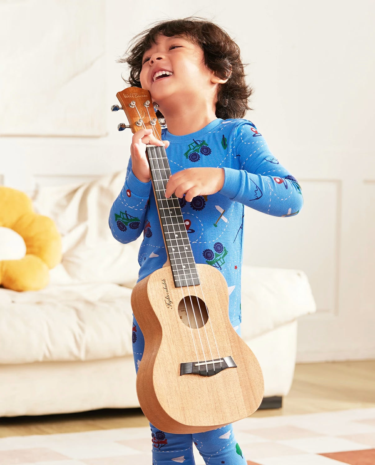 AzureCar Tracks Long Two-Piece Pajama Set, blue car bamboo two piece pjs lifestyle 5
