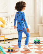 AzureCar Tracks Long Two-Piece Pajama Set, blue car bamboo two piece pjs lifestyle 6