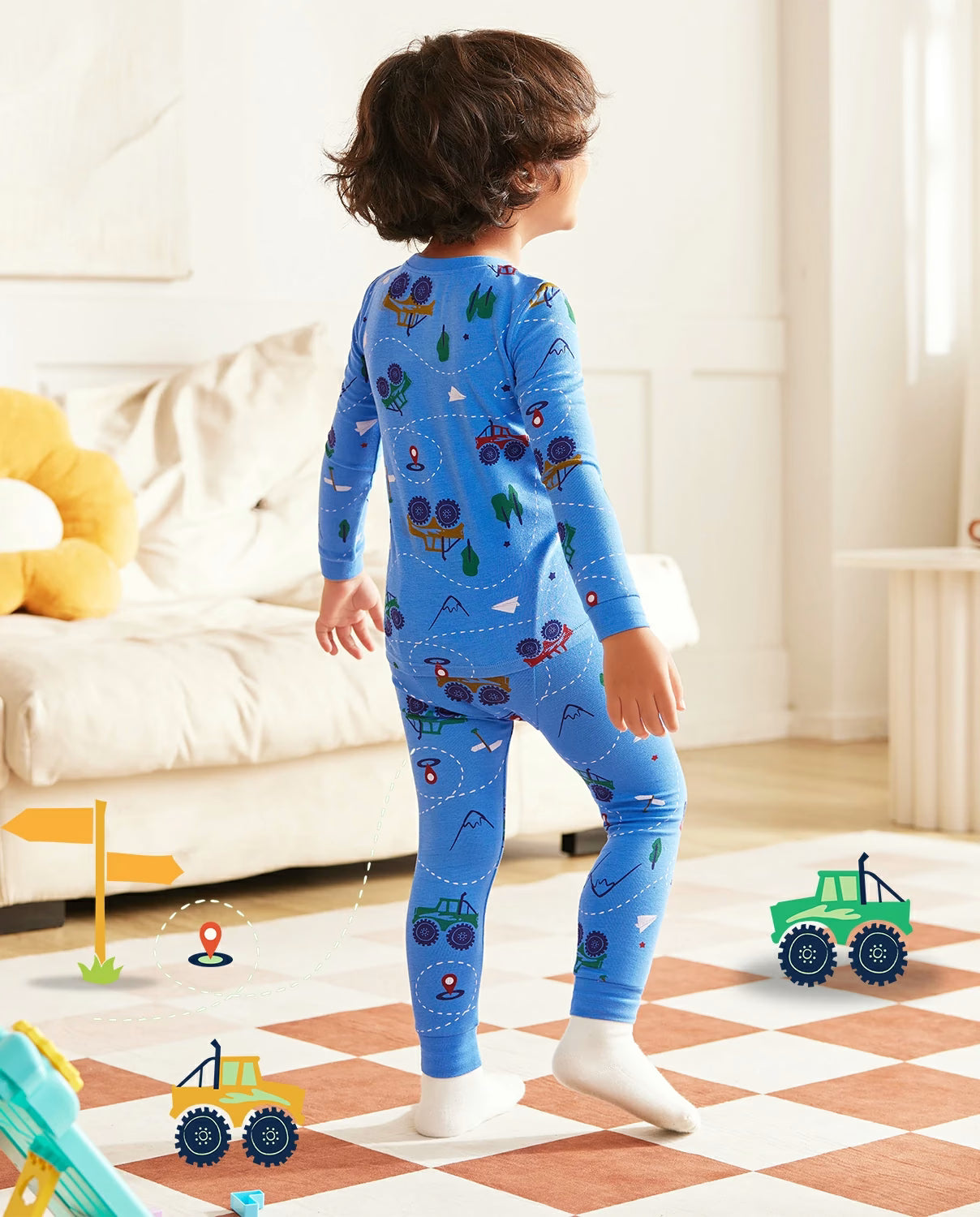 AzureCar Tracks Long Two-Piece Pajama Set, blue car bamboo two piece pjs lifestyle 6