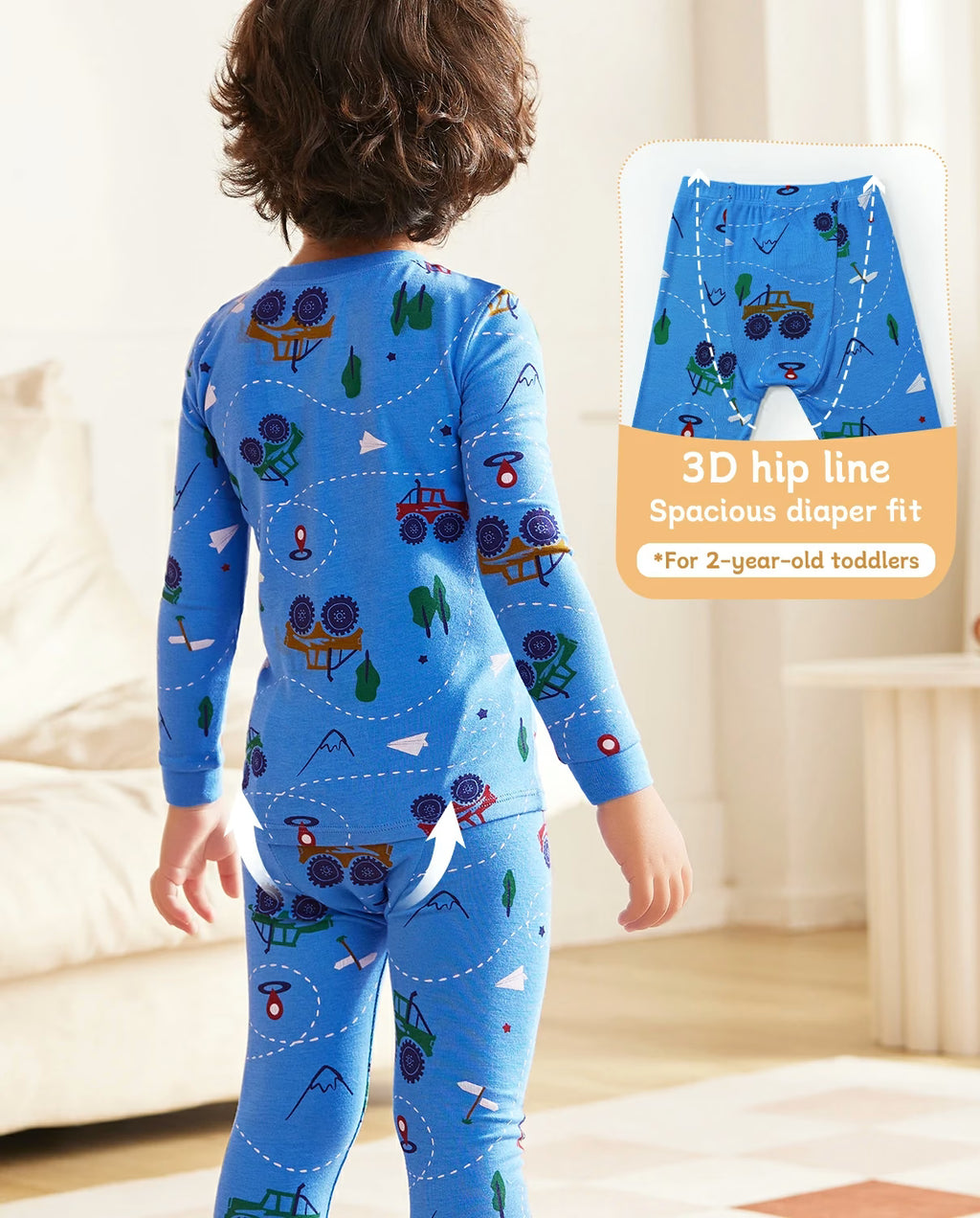 AzureCar Tracks Long Two-Piece Pajama Set, blue car bamboo two piece pjs lifestyle 7