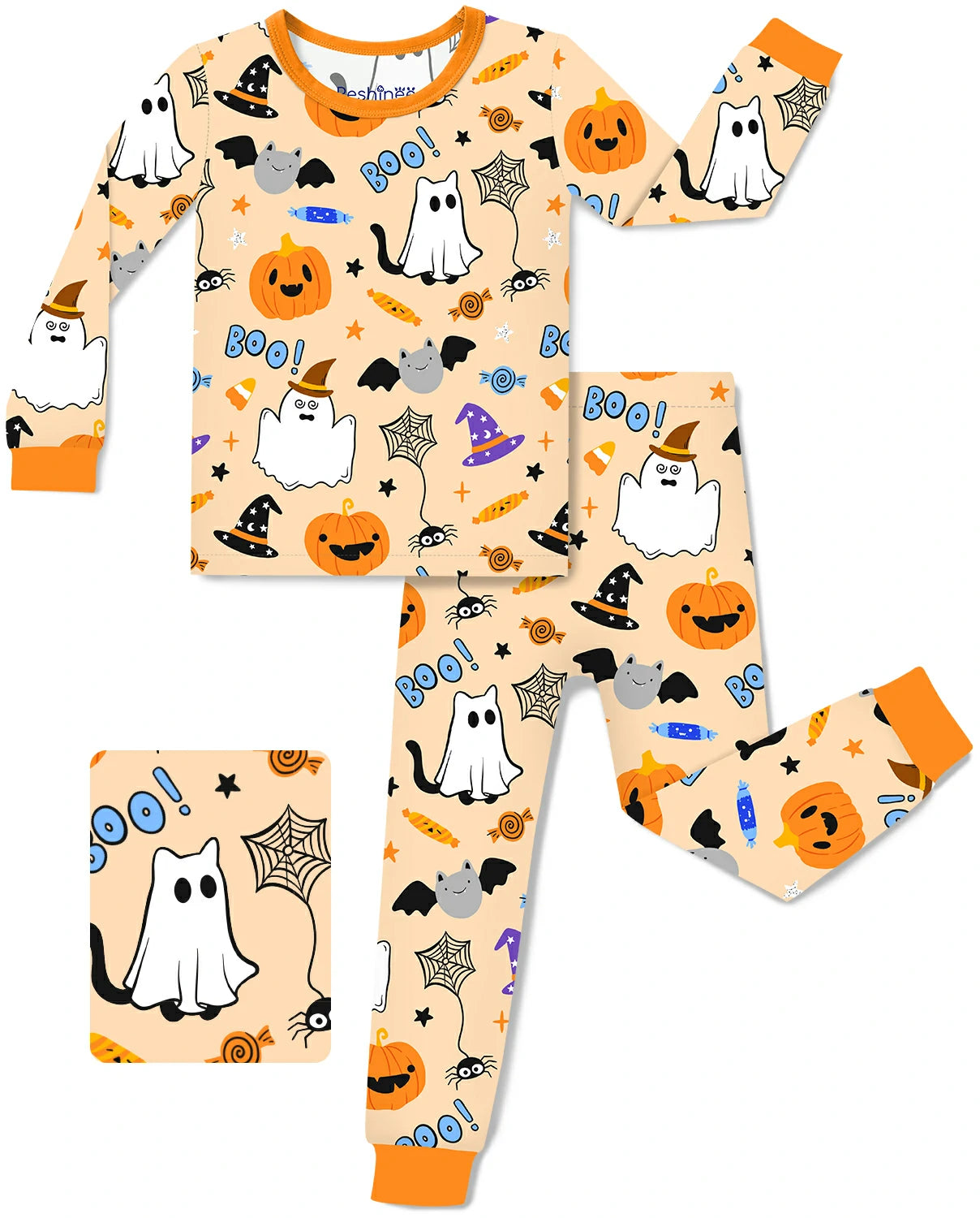 Boo Treats Long Two-Piece Pajama Set - pajama top and pants laid flat on white