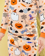 Boo Treats Long Two-Piece Pajama Set - close-up of the pumpkin, ghost and candy print