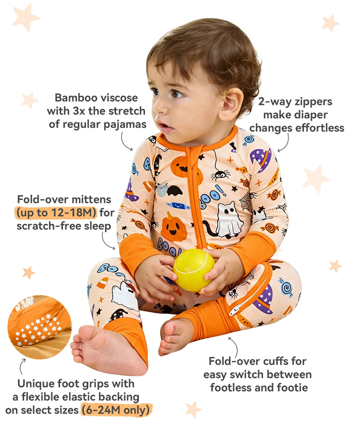 Boo Treats Bamboo Zippy feature image showing two-way zipper bamboo viscose stretch and fold-over cuffs