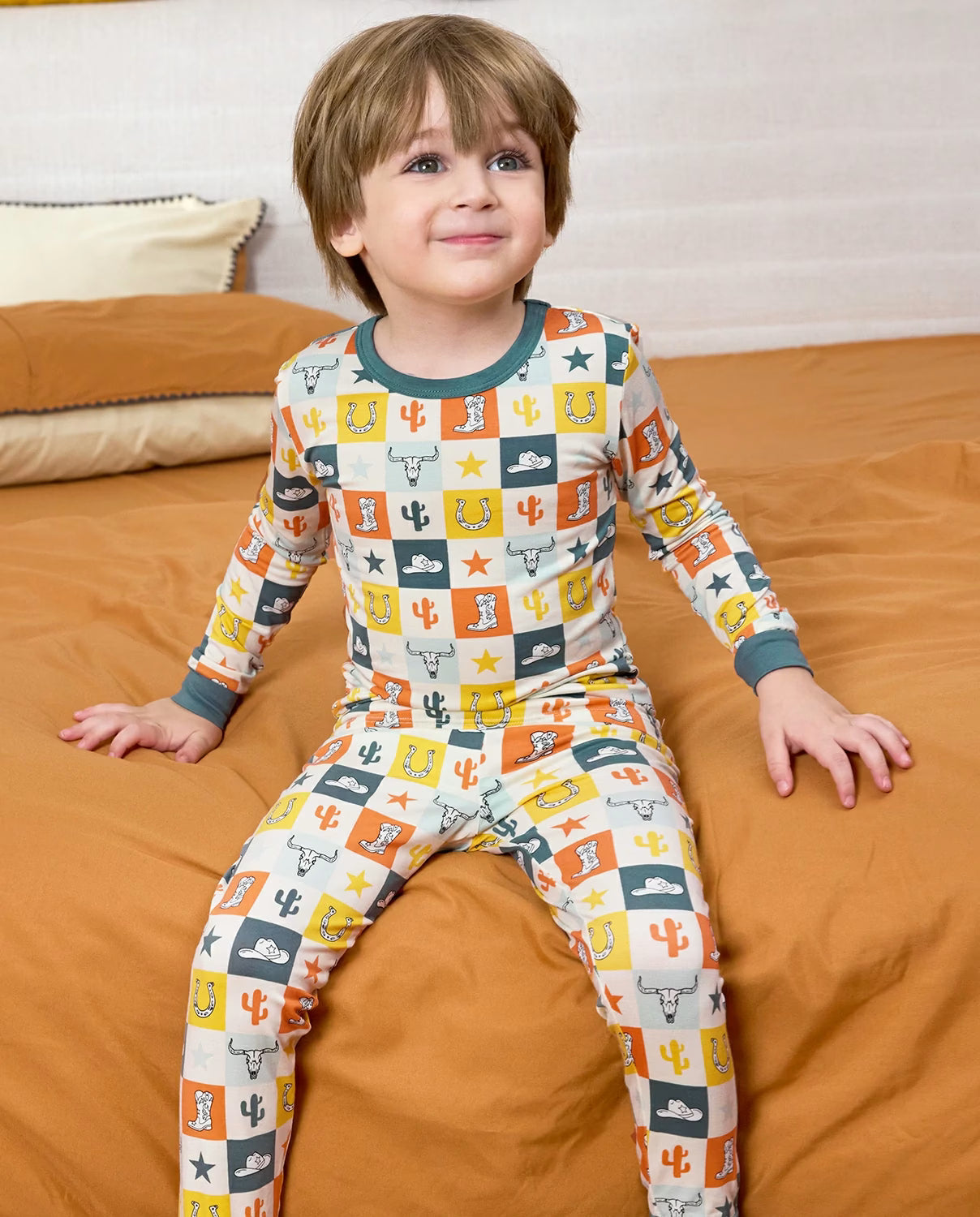 Brave Cowboys Long Two-Piece Pajama Set, brave cowboys bamboo long two piece pjs lifestyle 01