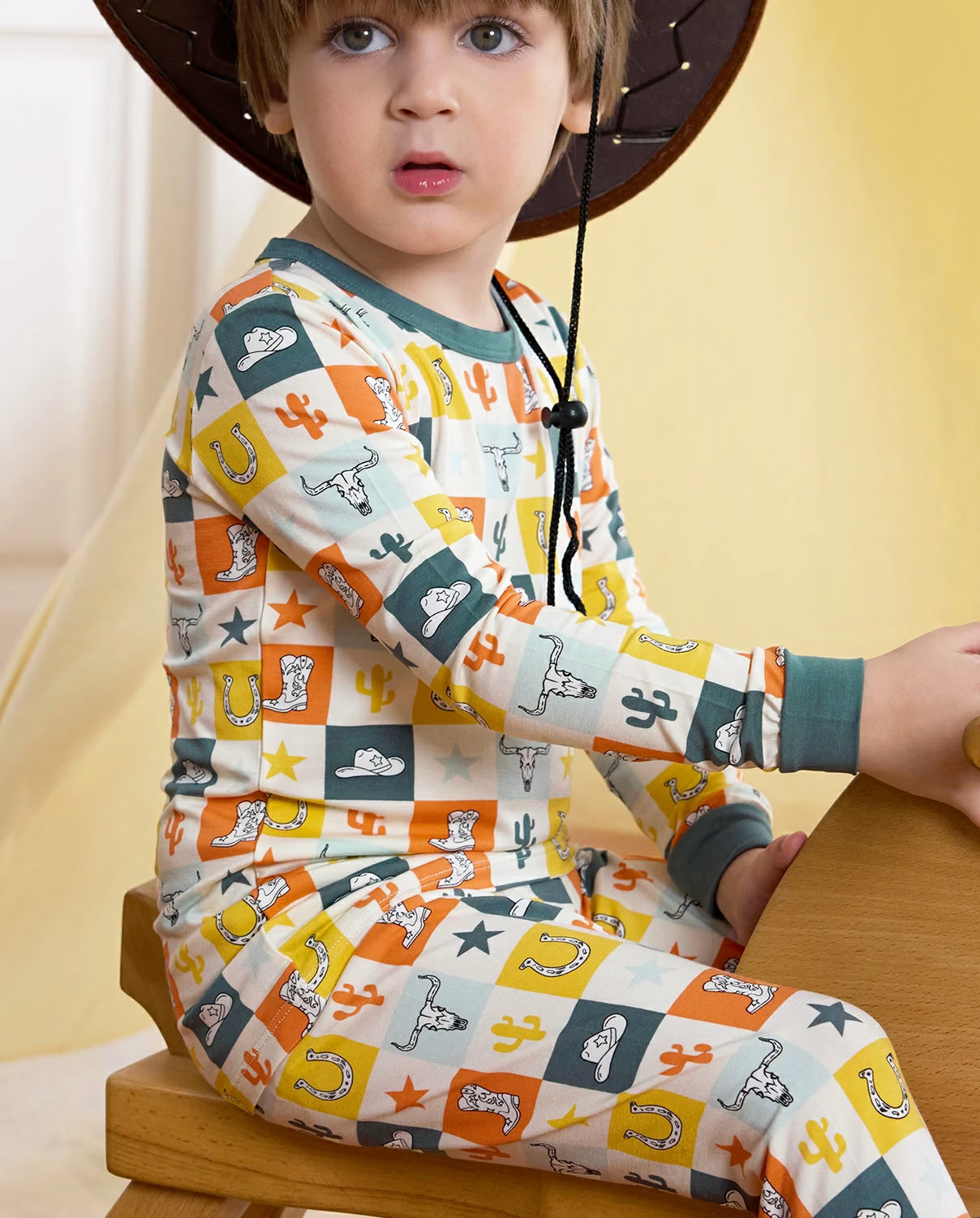 Brave Cowboys Long Two-Piece Pajama Set, brave cowboys bamboo long two piece pjs lifestyle 02