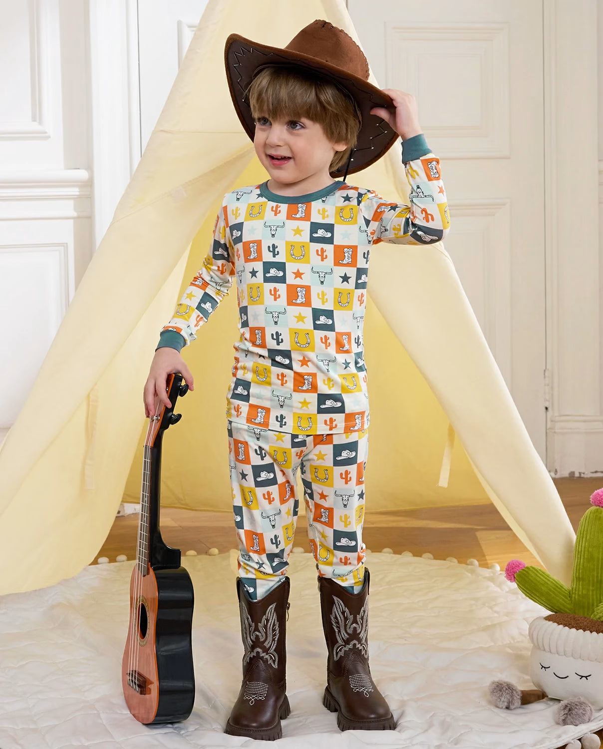 Brave Cowboys Long Two-Piece Pajama Set, brave cowboys bamboo long two piece pjs lifestyle 03