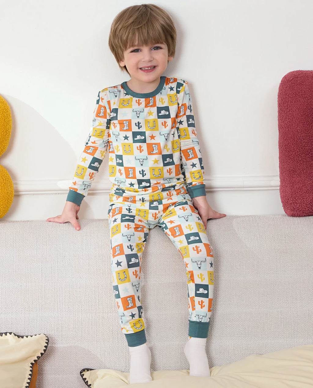 Brave Cowboys Long Two-Piece Pajama Set, brave cowboys bamboo long two piece pjs lifestyle 08