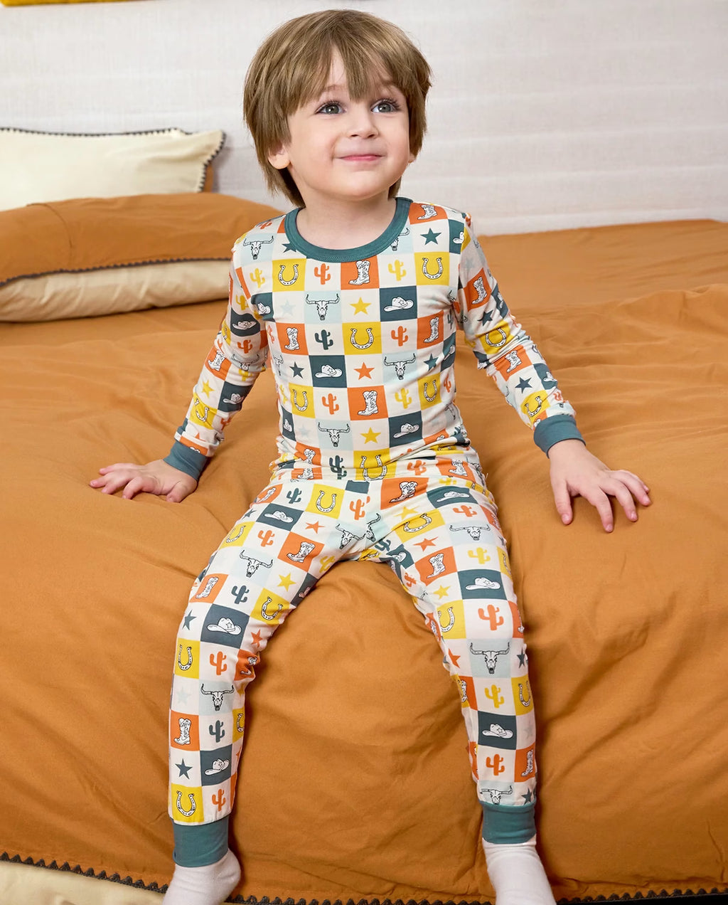 Brave Cowboys Long Two-Piece Pajama Set, brave cowboys bamboo long two piece pjs lifestyle 09