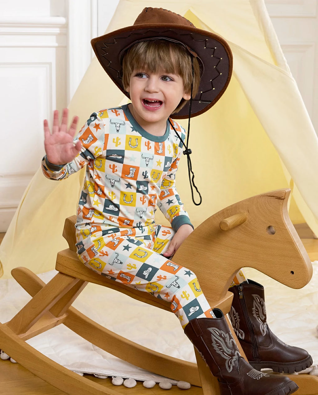 Brave Cowboys Long Two-Piece Pajama Set, brave cowboys bamboo long two piece pjs lifestyle 10