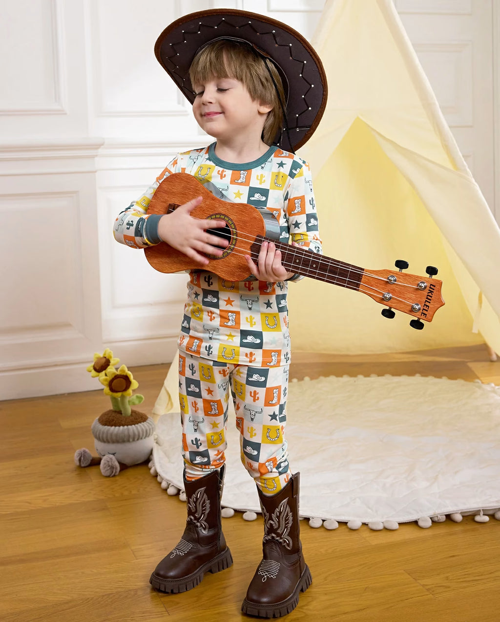 Brave Cowboys Long Two-Piece Pajama Set, brave cowboys bamboo long two piece pjs lifestyle 11