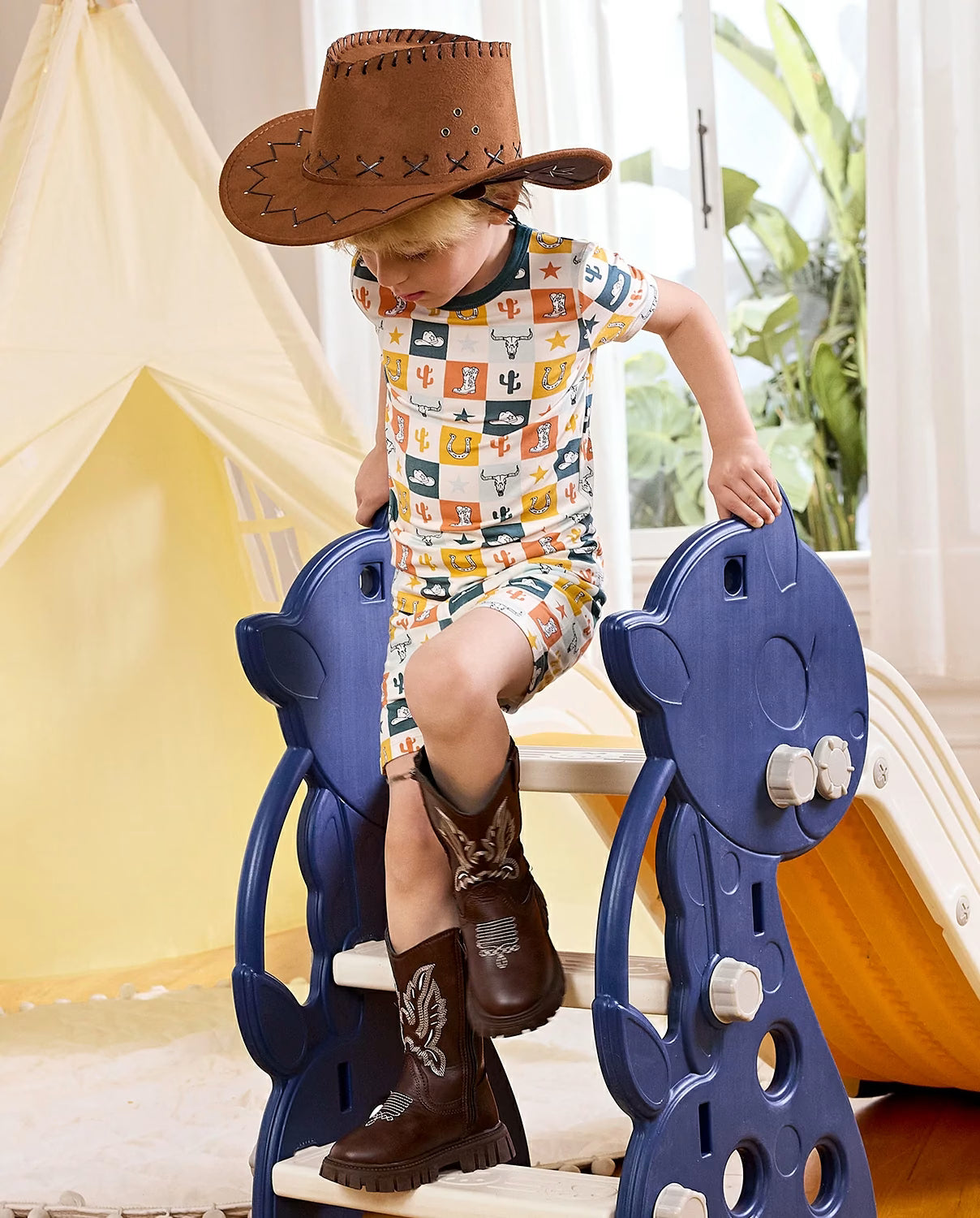 Brave Cowboys Short Two-Piece Pajama Set, brave cowboys bamboo short two piece pjs lifestyle 01