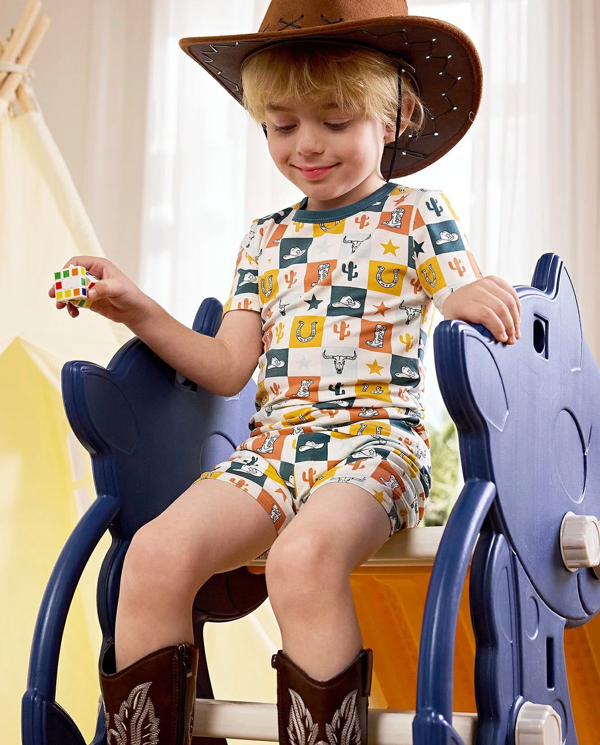 Brave Cowboys Short Two-Piece Pajama Set, brave cowboys bamboo short two piece pjs lifestyle 05