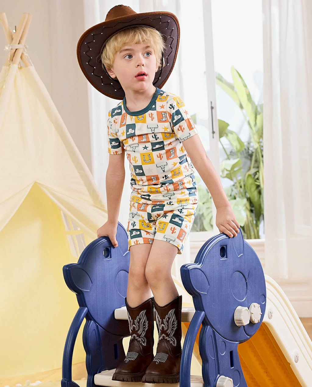 Brave Cowboys Short Two-Piece Pajama Set, brave cowboys bamboo short two piece pjs lifestyle 10