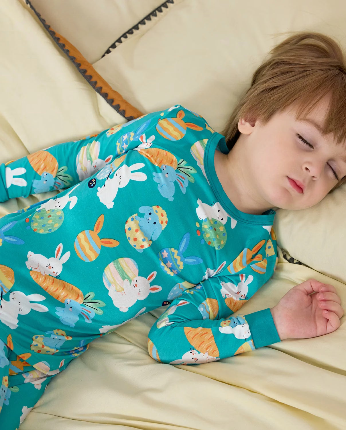 Bunny & Eggs Long Two-Piece Pajama Set, bunny and eggs bamboo two piece pjs lifestyle 1