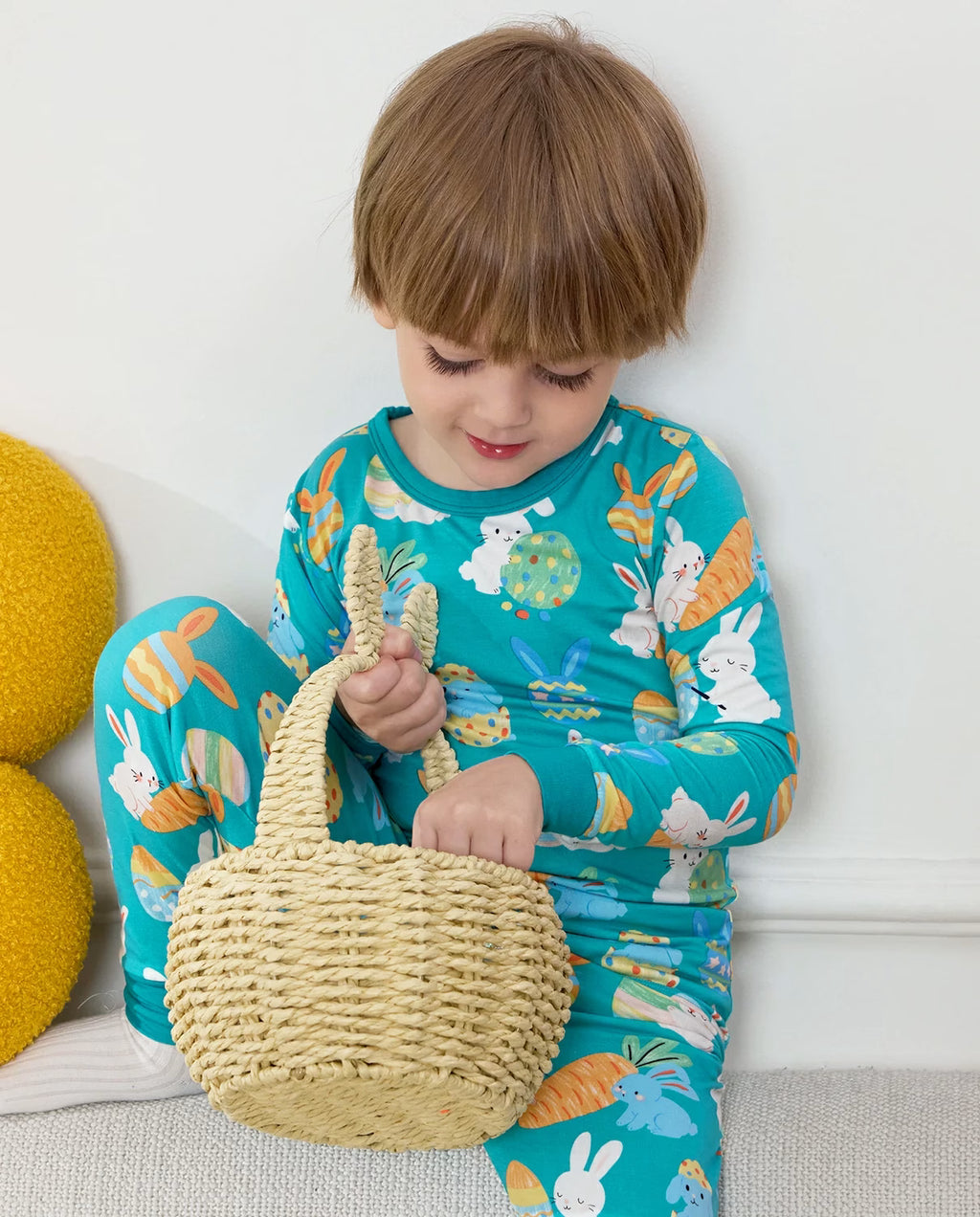 Bunny & Eggs Long Two-Piece Pajama Set, bunny and eggs bamboo two piece pjs lifestyle 2