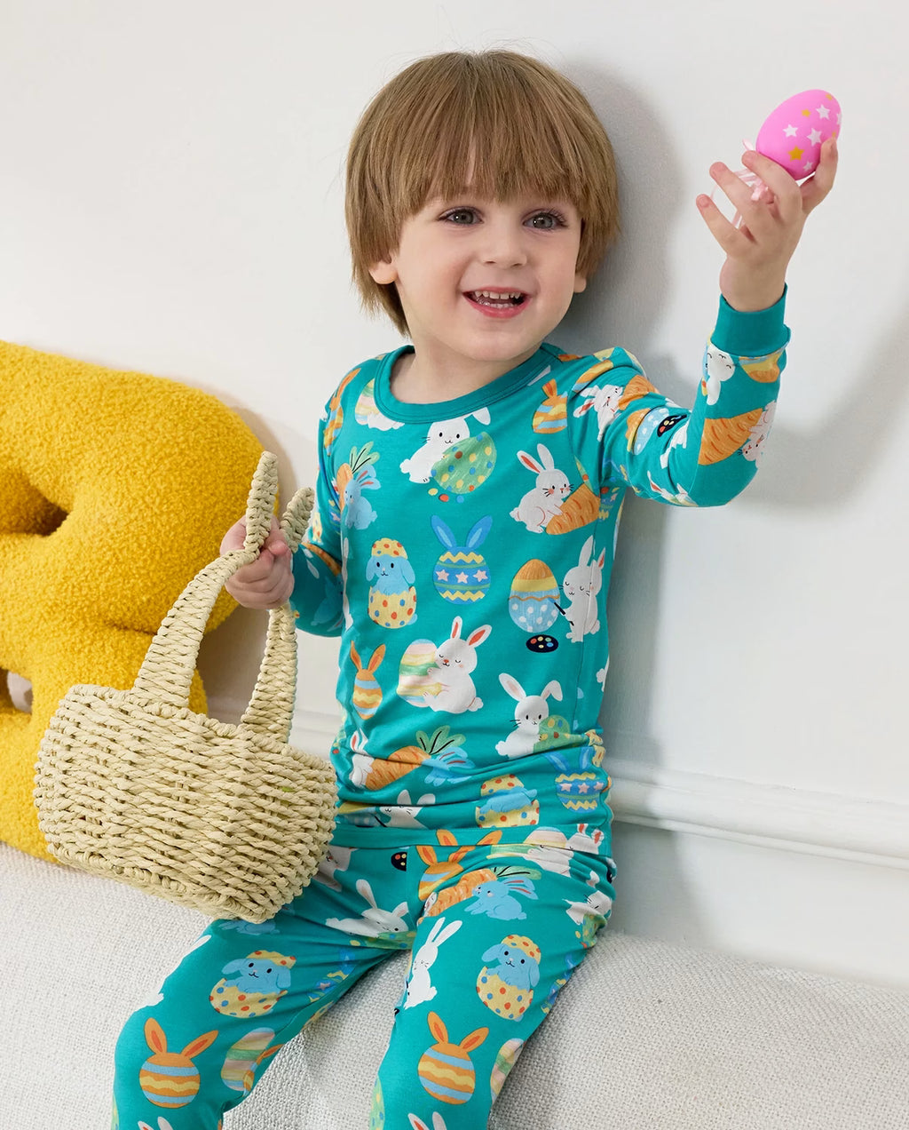 Bunny & Eggs Long Two-Piece Pajama Set, bunny and eggs bamboo two piece pjs lifestyle 3