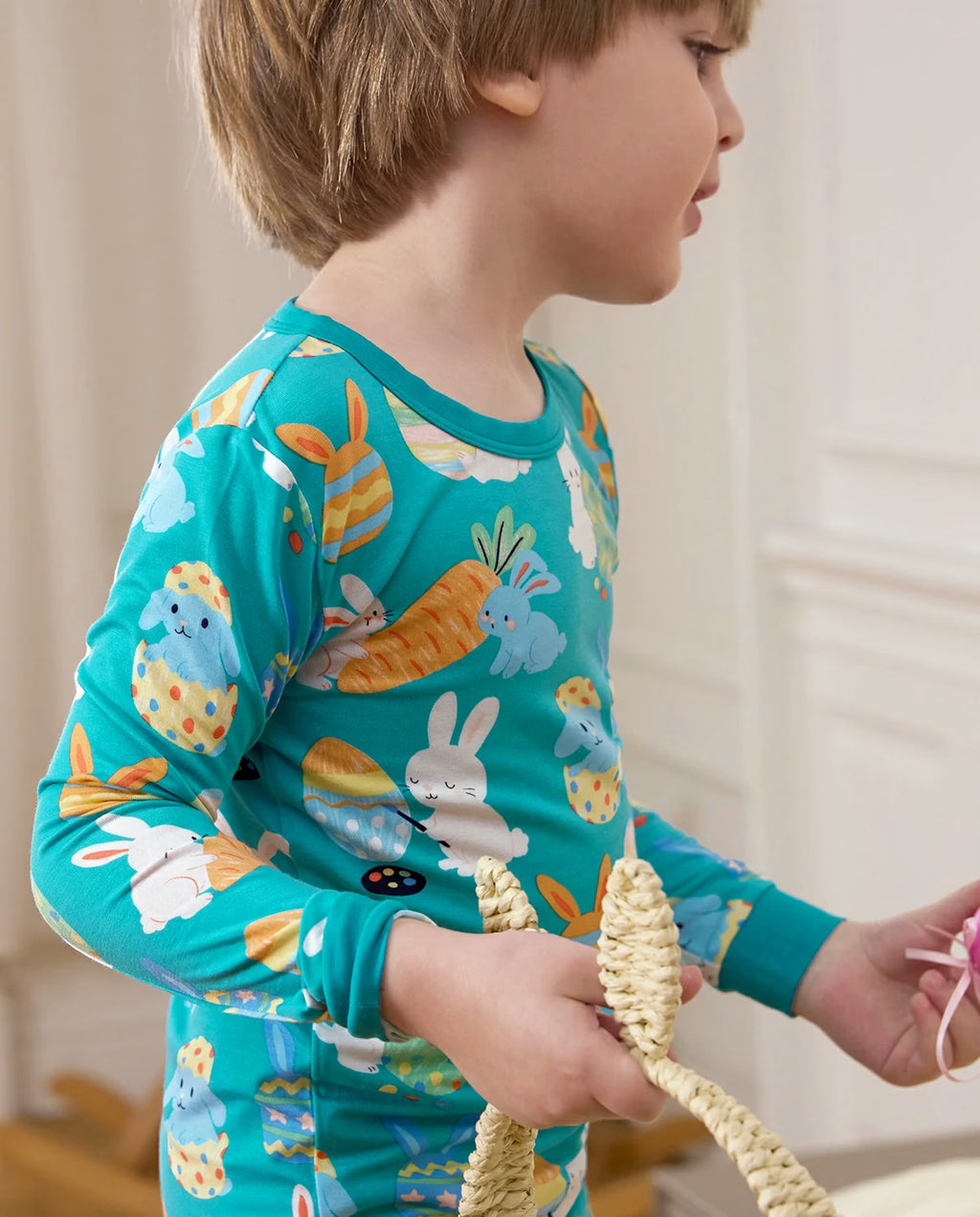 Bunny & Eggs Long Two-Piece Pajama Set, bunny and eggs bamboo two piece pjs lifestyle 4