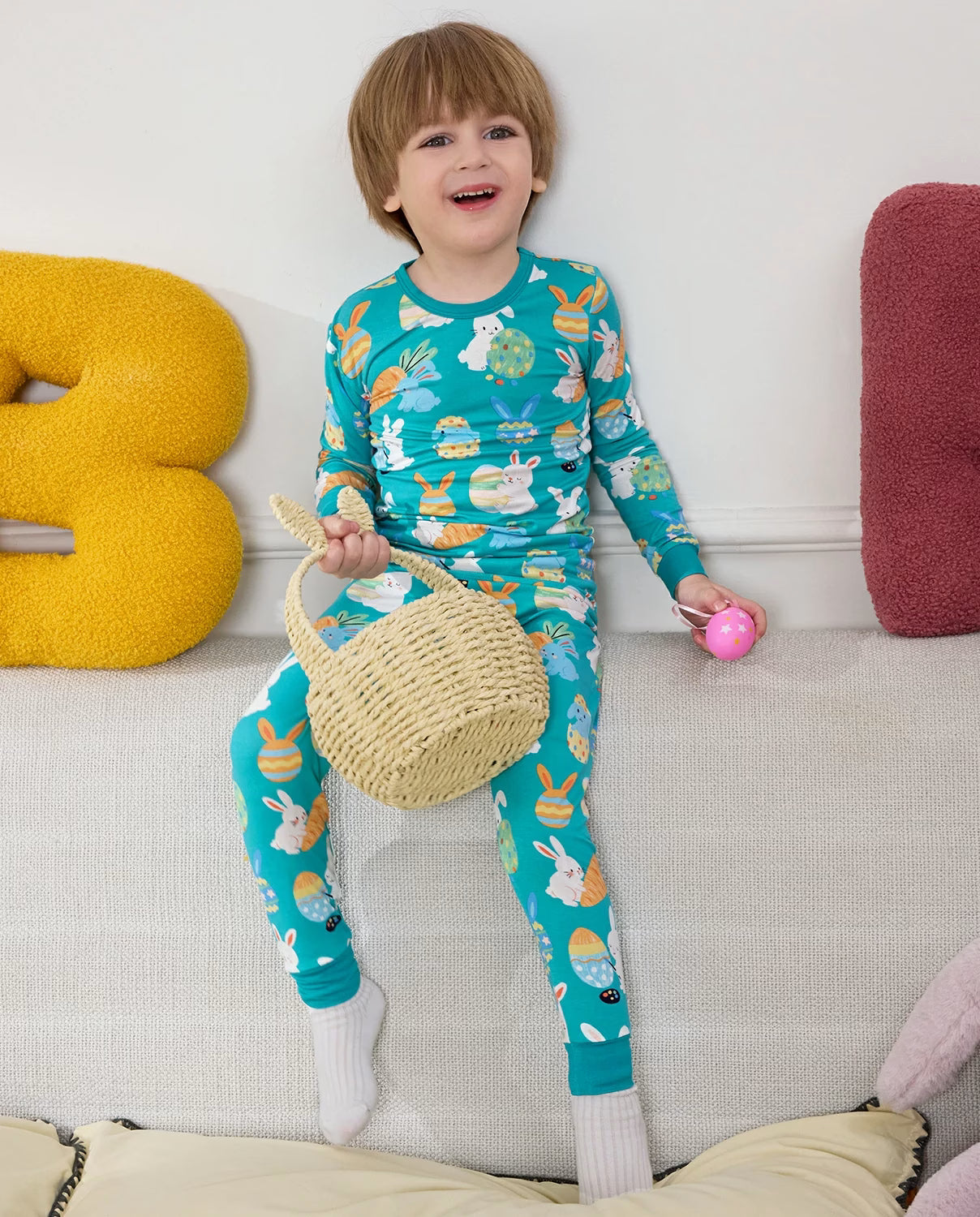 Bunny & Eggs Long Two-Piece Pajama Set, bunny and eggs bamboo two piece pjs lifestyle 5