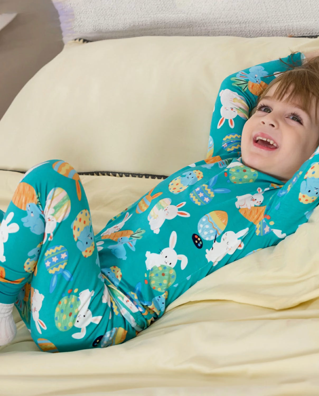 Bunny & Eggs Long Two-Piece Pajama Set, bunny and eggs bamboo two piece pjs lifestyle 6