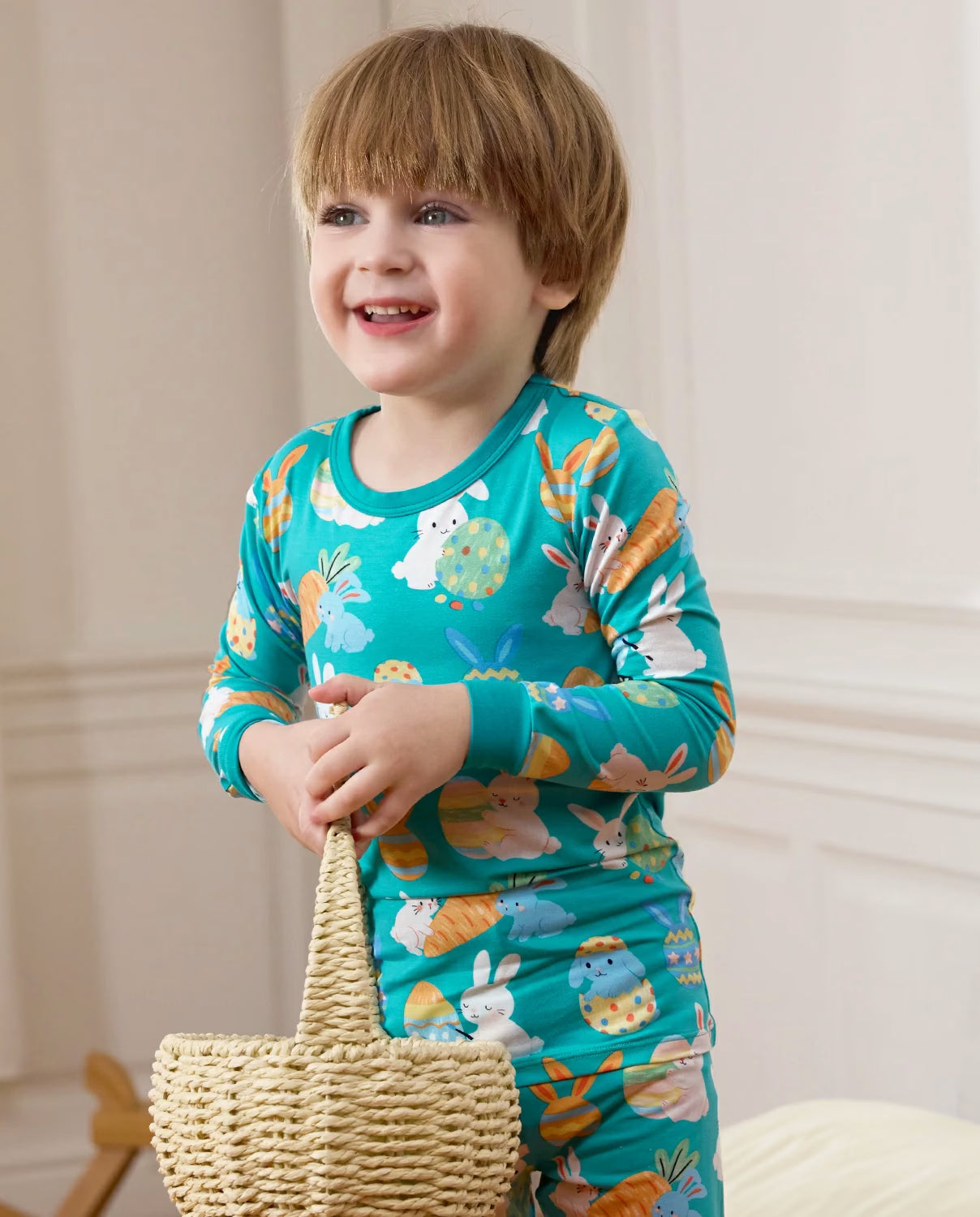 Bunny & Eggs Long Two-Piece Pajama Set, bunny and eggs bamboo two piece pjs lifestyle 7