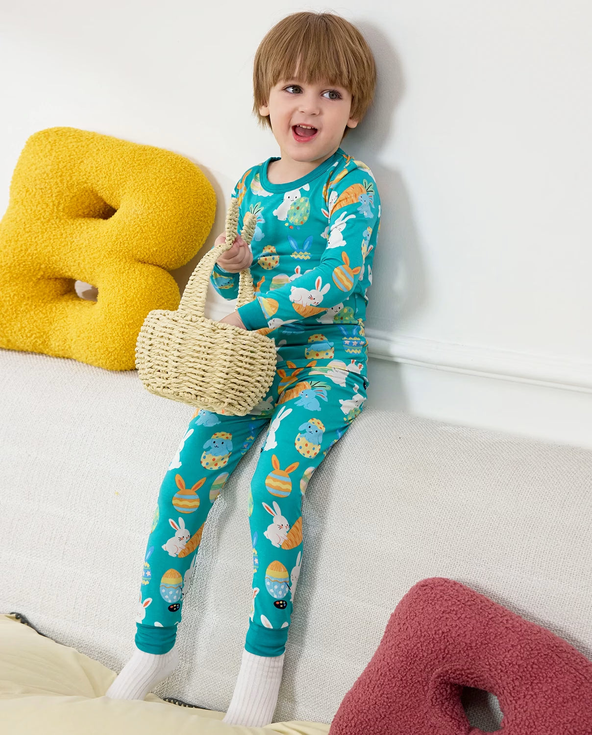 Bunny & Eggs Long Two-Piece Pajama Set, bunny and eggs bamboo two piece pjs lifestyle 8