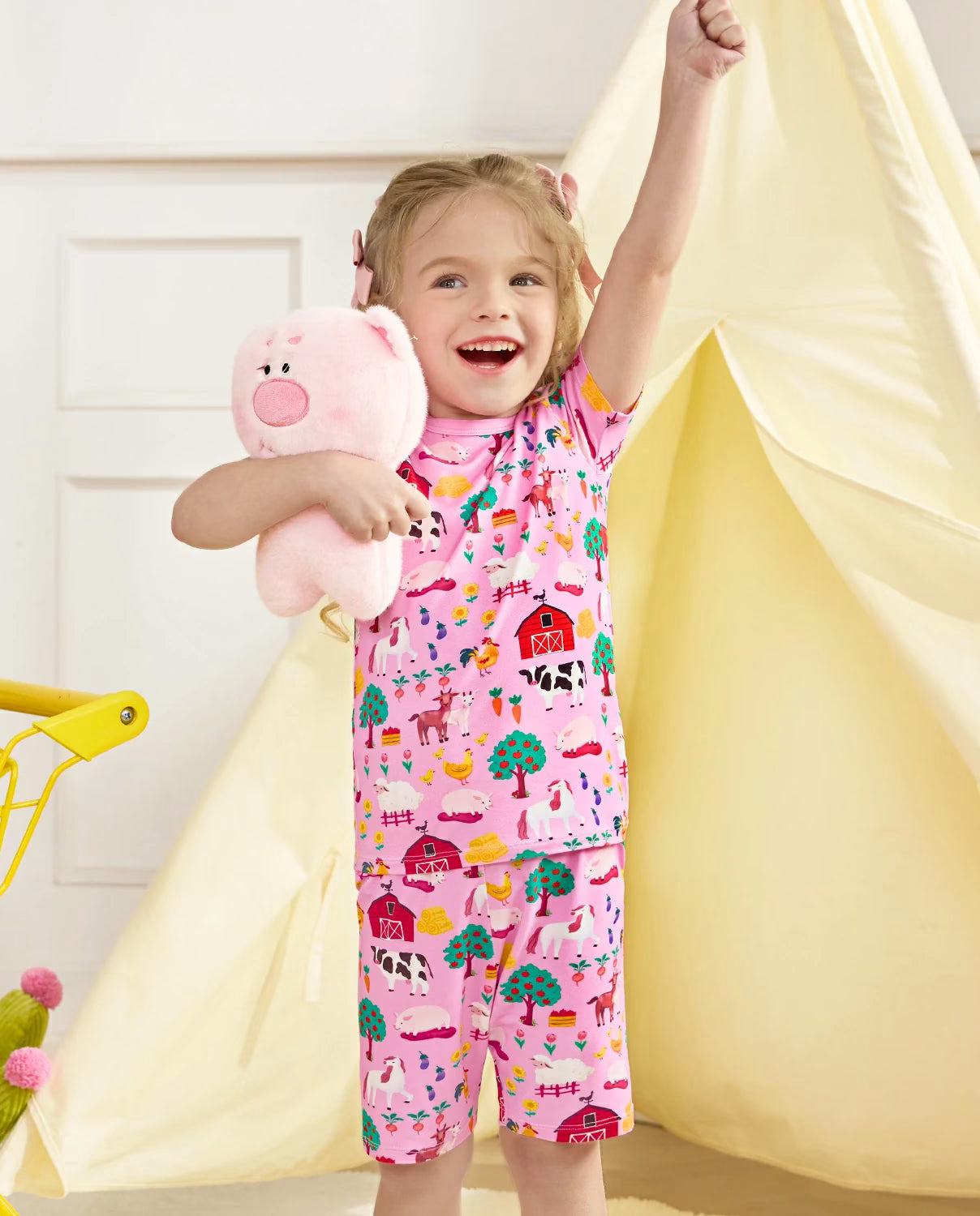 Busy Farm Short Two-Piece Pajama Set, busy farm bamboo short two piece pjs lifestyle 01